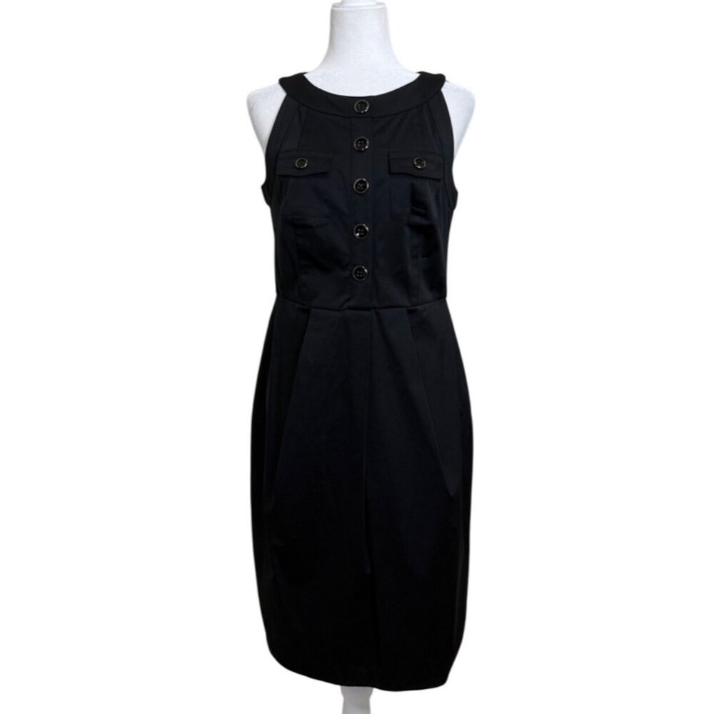 Kay Unger New York Black Sleeveless Dress Button Detail Satin Womens Size 8
